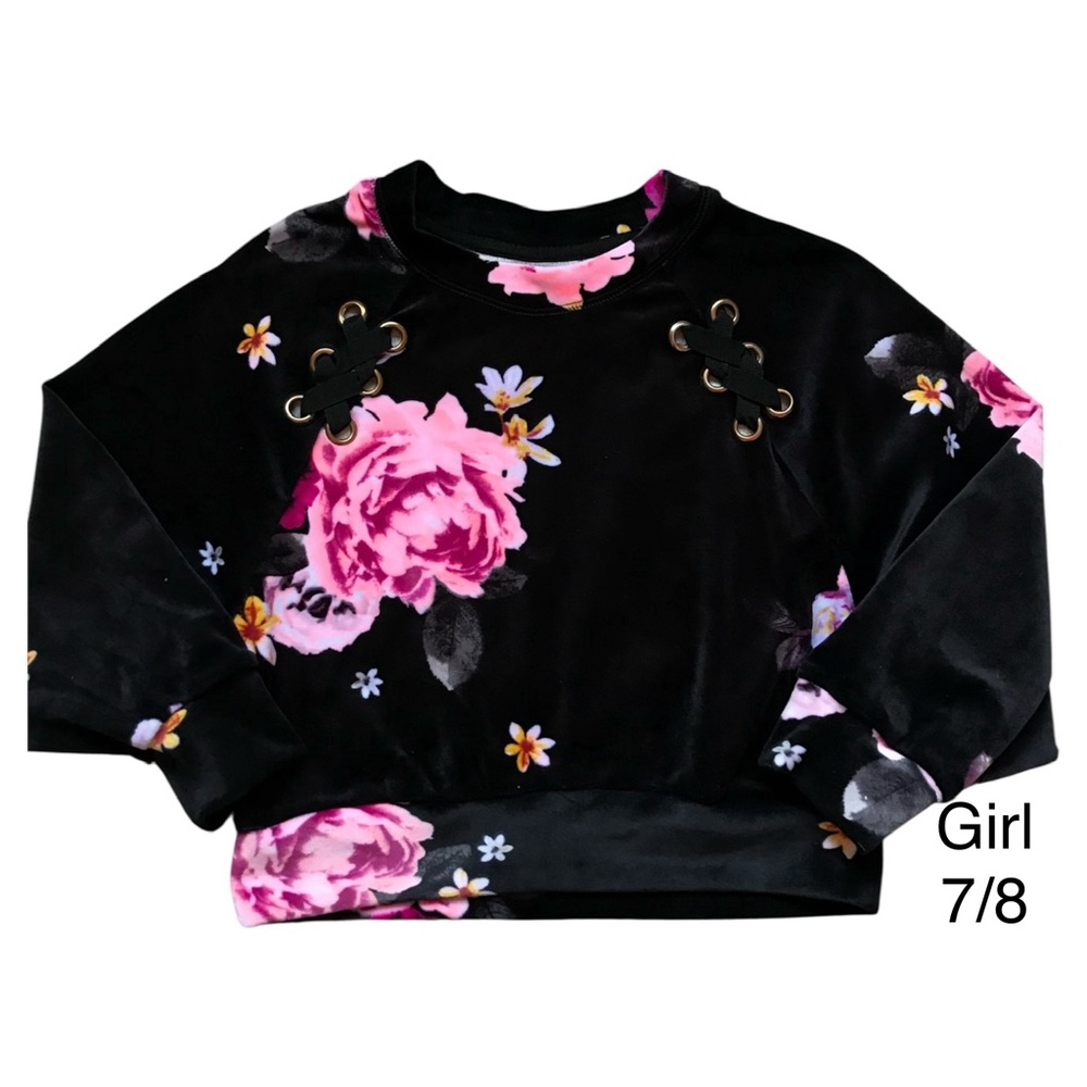 Justice Girl Black Floral Velour sweatshirt Size 7-8